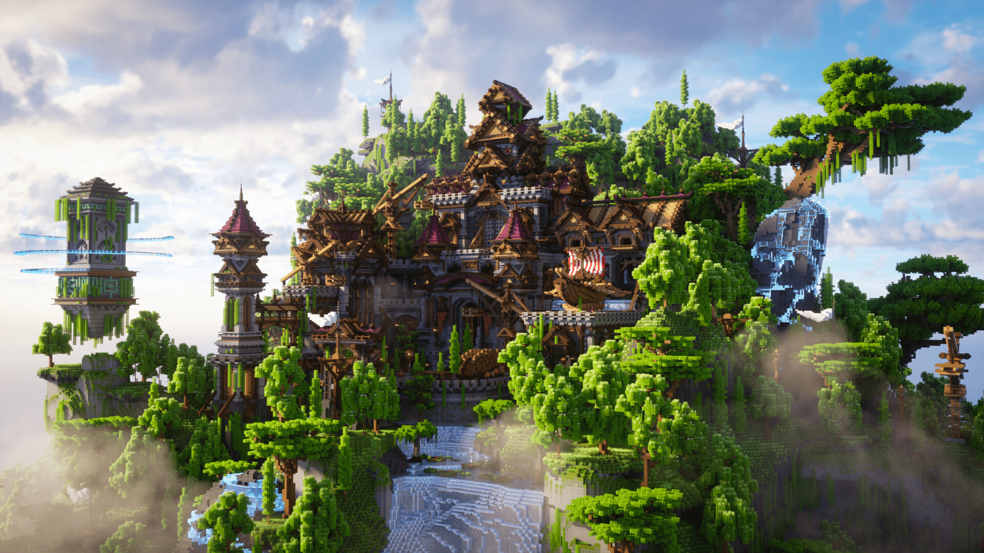 A Minecraft fantasy kingdom with a castle, floating towers and lush greenery