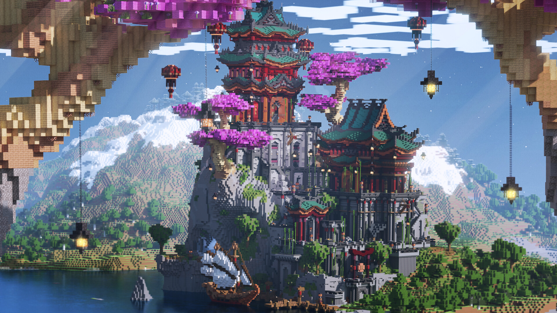 A temple on a rocky island, cherry blossoms and glowing lanterns among the mountains.