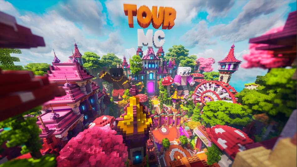 A detailed fantasy realm with pink rooftops, cherry blossoms and a central castle.